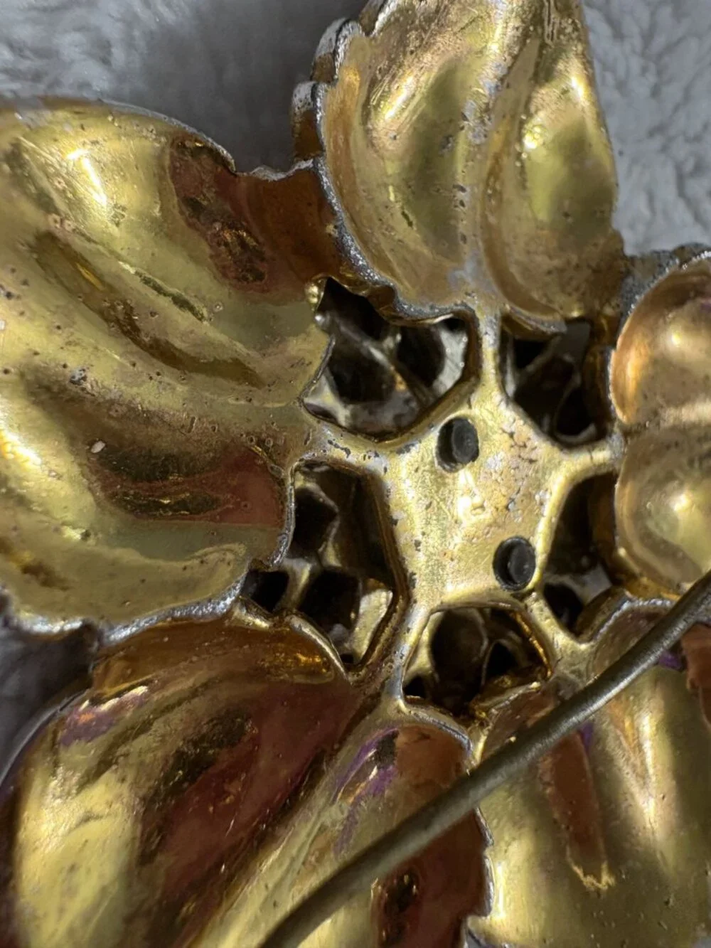 Vintage Mid Century Gold Tone Floral Brooch Green Marquise Rhinestone Flower Pin